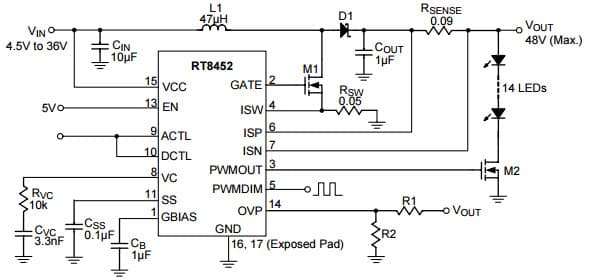 Typical Application True PWM Dimming in Boost Configuration for RT8452 High Voltage High Current LED Driver Controller for Buck-Boost or Buck-Boost Topology