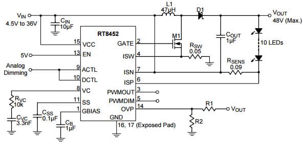 Typical Application Analog Dimming in Buck-Boost Configuration for RT8452 High Voltage High Current LED Driver Controller for Buck-Boost or Buck-Boost Topology