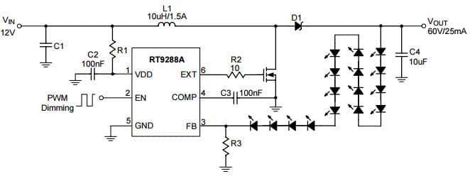 Typical Application for RT9288A LED Driver with PWM Brightness Control (12V to 60V)