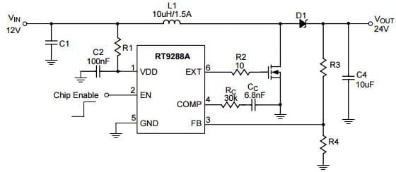 Typical Application for Constant Output Voltage for RT9288A PWM Step-Up DC/DC Controller for White-LED Driver