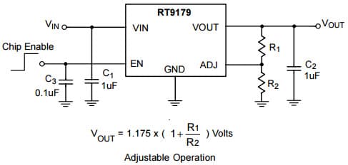 Typical Application Circuit for RT9179, 300mA LDO Adjustable Regulator with Enable