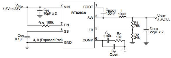 Typical Application for RT8293A 3A, 23V, 340kHz Synchronous Step-Down Converter