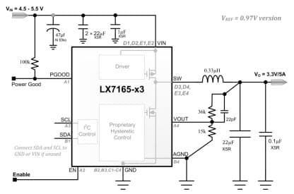 Typical (3.3V output) Schematic with or without I2C implemented for LX7165 Constant Frequency Hysteretic Synchronous Buck Regulator