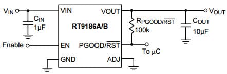 Typical Application for RT9186A Low Profile 500mA Fixed LDO Voltage Regulator with Enable and Power Good/Reset