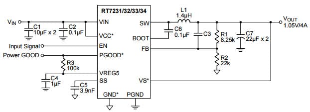 Typical Application for RT7231, 4A, 18V, 650kHz, ACOT Synchronous Step-Down Converter