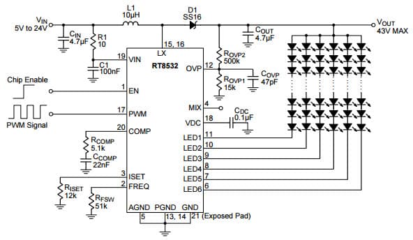 Typical General Application for RT8532, 6-String 43V White LED Driver with Boost Regulator