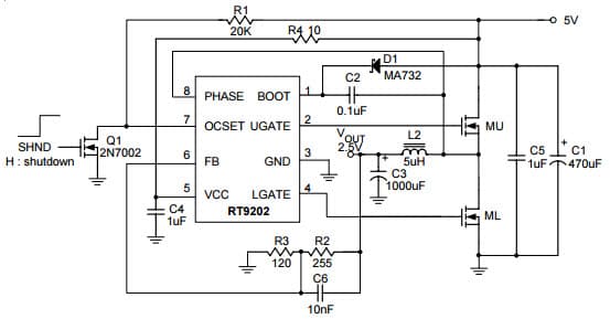 Typical Application for RT9202 Single Synchronous Buck PWM DC powered from 5V only