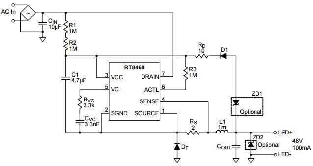 Typical Application Circuit for RT8468 500V Power MOSFET Integrated High Efficiency Constant Current LED Driver