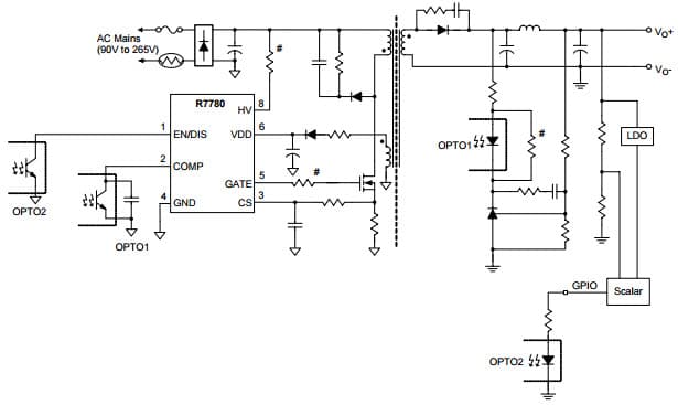 Typical Application Circuit for R7780 Burst Triple Mode PWM Controller with Integrated HV Start-up Device for Zero Power Monitor Application