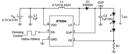 Typical Application of Driving 3-Series WLEDs for RT9284A Tiny Package, High performance, Constant Current Switching Regulator for White LED