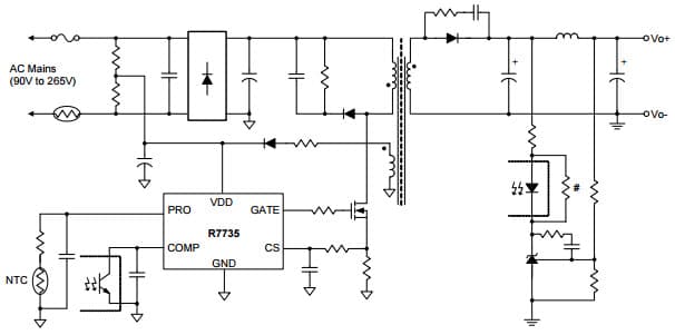 Typical Application Circuit for R7735 High performance Enhanced Quadruple Mode PWM Flyback Controller