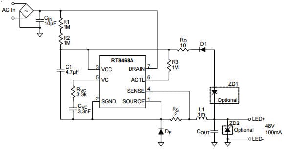 Typical Application Circuit for RT8468A 500V Power MOSFET Integrated High Efficiency Constant Current LED Driver