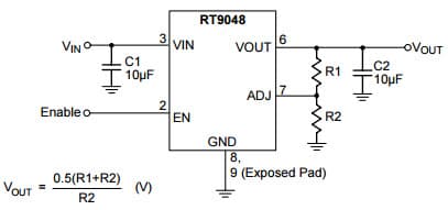 Typical Application for RT9048 2A, Low Input Voltage, Ultra-Low Dropout Adjustable Voltage Regulator