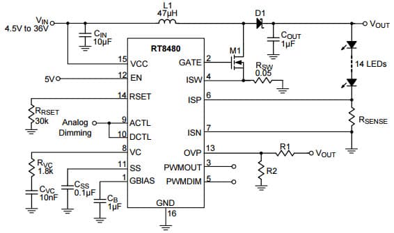 Typical Application for RT8480 Analog Dimming in Boost Configuration