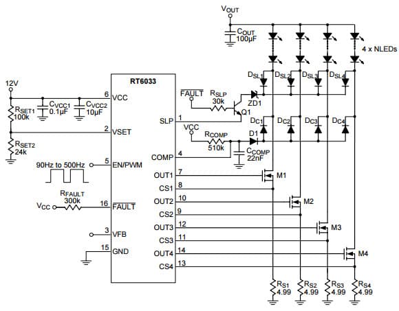 Typical Application Using RT6033 4-CH LED Driver for Display Backlight Applications