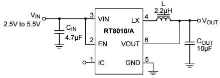 Typical Application for RT8010A 1.5MHz, 1A, High Efficiency PWM Step-Down DC/DC Converter for Fixed Voltage Regulator