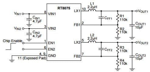 Typical Application Circuit for RT8075 Dual 1A, 1.25MHz Synchronous Step-Down Converter