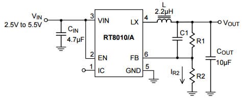 Typical Application for RT8010A 1.5MHz, 1A, High Efficiency PWM Step-Down DC/DC Converter for Adjustable Voltage Regulator