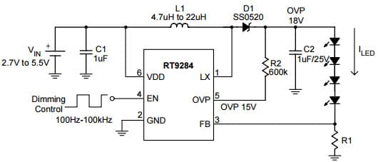 Typical Application of Driving 4-Series WLEDs for RT9284B Tiny Package, High performance, Constant Current Switching Regulator for White LED