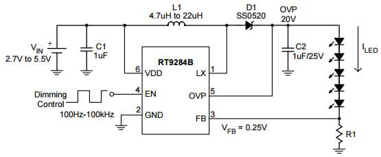 Typical Application of Driving 5-Series WLEDs for RT9284B Tiny Package, High performance, Constant Current Switching Regulator for White LED