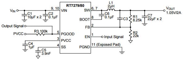 Typical Application for RT7279, 2A, 18V, 700kHz ACOTTM Synchronous Step-Down Converter for WDFN-10L 3x3 Package