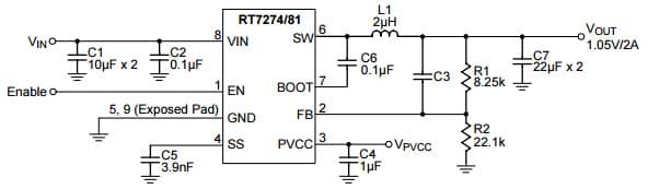 Typical Application for RT7279, 2A, 18V, 700kHz ACOTTM Synchronous Step-Down Converter for SOP-8 (Exposed Pad) Package