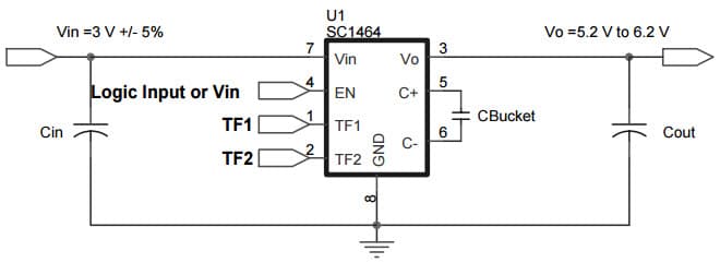 Typical Application for SC1464 60Ma Programmable Fixed Frequency Charge Pump Doubler