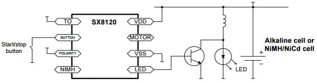 Typical Application for SX8120 1V Motor/LED Control Timer for Start/stop a LED with a 15 seconds time-out