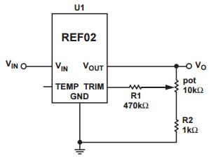 Typical Application for RREF02 +5V Precision Voltage Reference for Output Adjustment Circuit