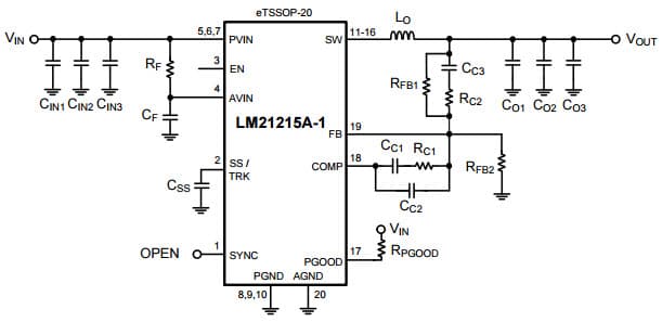 Typical Application Schematic-1 for LM21215A 15A High Efficiency Synchronous Buck Regulator with Frequency Synchronization