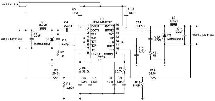 Typical Application Circuit for TPS55386 3-A Dual Non-Synchronous Converter With Integrated High-Side Mosfet and External Compensation