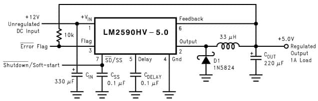 Typical Application Circuit for LM2590HV Simple Switcher power Converter 150 KHz 1A Step-Down Voltage Regulator, With Features