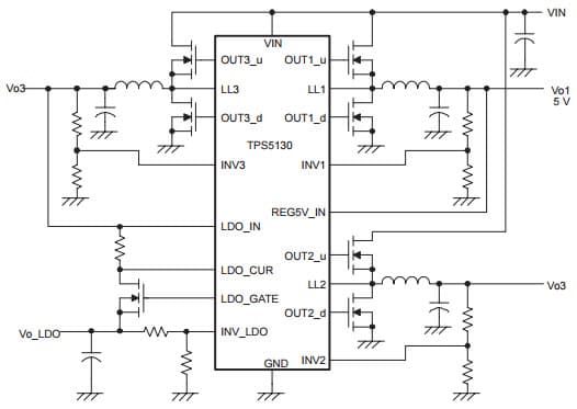 Typical Application Circuit for TPS5130 Triple Synchronous Buck Controller With Nmos LDO Controller