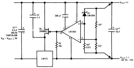 Typical Application Circuit for LM145 Negative Three Amp Regulator