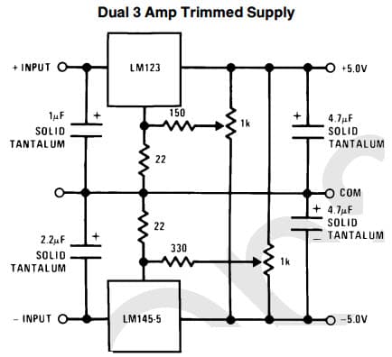 Typical Application Circuit for LM145 Negative Three Amp Regulator for Dual 3 Amp Trimmed Supply