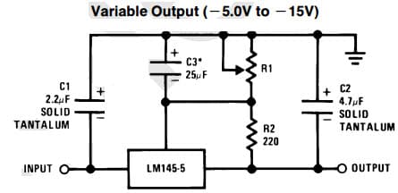 Typical Application Circuit for LM345 Negative Three Amp Regulator for Variable Output (-5V to -15V)