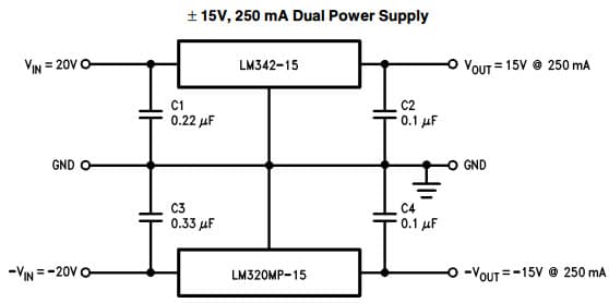 Typical Application Circuit for LM342 3-Terminal Positive Regulator for 15V, 250 mA Dual Power Supply