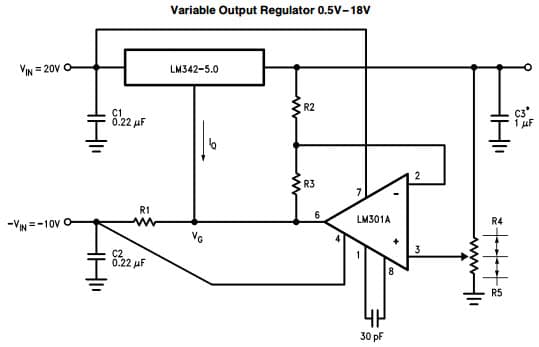 Typical Application Circuit for LM342 3-Terminal Variable Output Regulator 0.5V - 18V