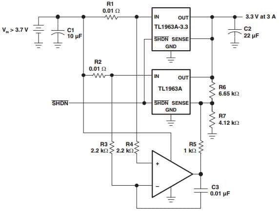 Typical Application Circuit for TL1963A-25QKTTRQ1 Paralleling Regulators for Higher Output Current