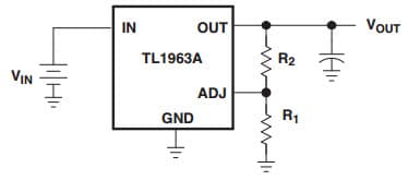 Typical Application Circuit for TL1963AQKTTRQ1, 1.5-A Low-Noise Fast-Transient-Response Low-Dropout Regulator for Adjustable Operation