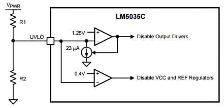 Typical Application Circuit for LM5035C PWM Controller with Integrated Half-Bridge and SyncFET Driver for Basic UVLO Configuration