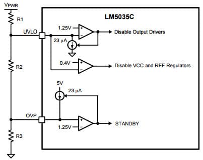 Typical Application Circuit for LM5035C PWM Controller with Integrated Half-Bridge and SyncFET Driver for UVLO/OVP Divider