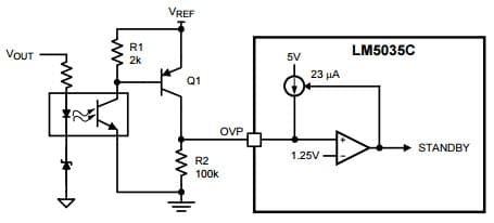 Typical Application Circuit for LM5035C PWM Controller with Integrated Half-Bridge and SyncFET Driver for Latched Load Over-Voltage Protection