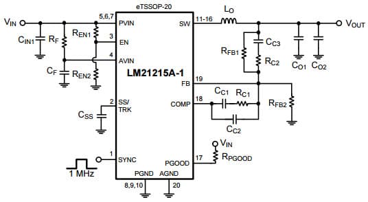 Typical Application Schematic-2 for LM21215A 15A High Efficiency Synchronous Buck Regulator with Frequency Synchronization