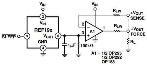 Typical Application Circuit for REF198 Low Dropout Kelvin Connected Voltage Reference