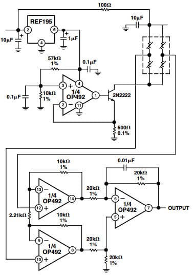 Typical Application Circuit for REF198 Low Dropout Voltage Reference for Low Power Strain Gage Circuit