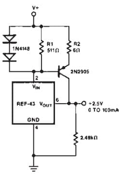 Typical Application for REF43 2.5V, 100mA Current Boost Voltage Reference