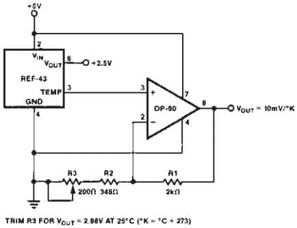 Typical Application for REF43 +2.5V Voltage Reference for Single Supply Kelvin-Output Thermometer