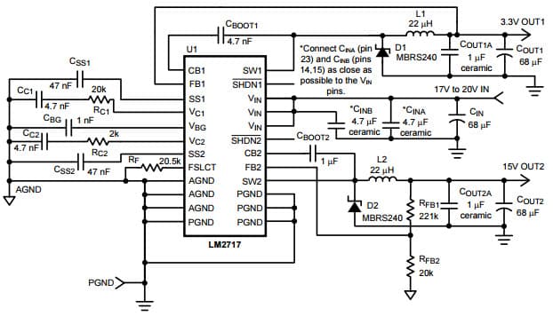 Typical 15V, 3.3V Output Application Circuit for LM2717 Dual Step-Down DC/DC Converter