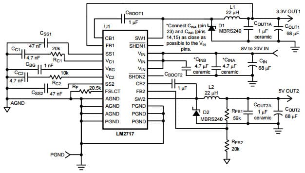 Typical 5V, 3.3V Output Application Circuit for LM2717 Dual Step-Down DC/DC Converter